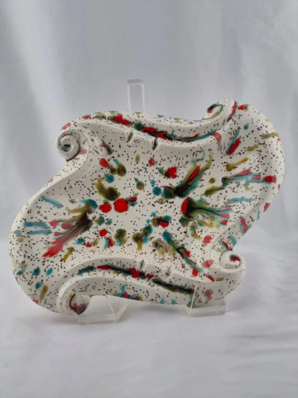 Speckled Ceramic Ashtray Drip Glaze Splatter Mid Century Modern Red Turquoise